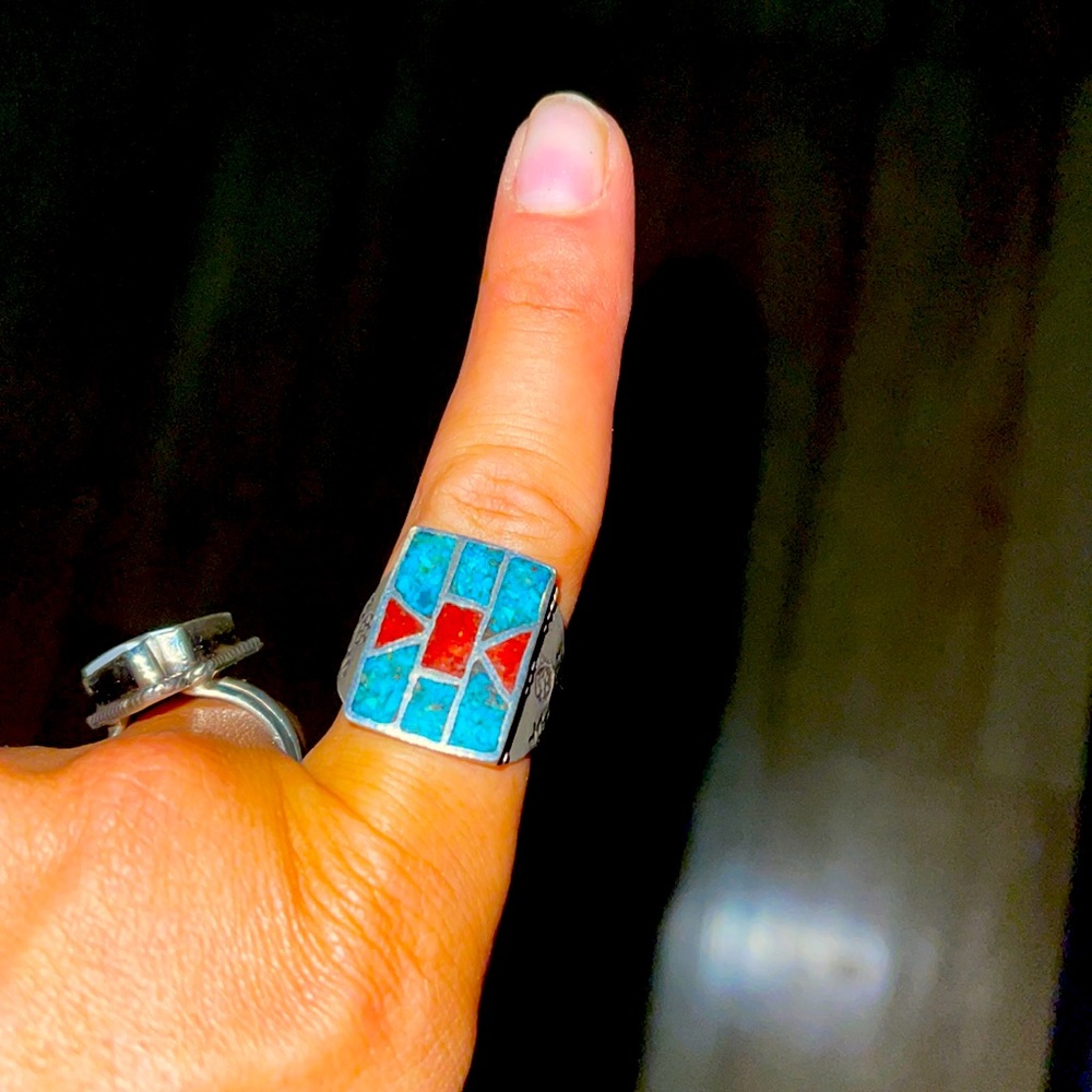 ZUNI STERLING SILVER Coral Inlay RING - Turquoise size 9